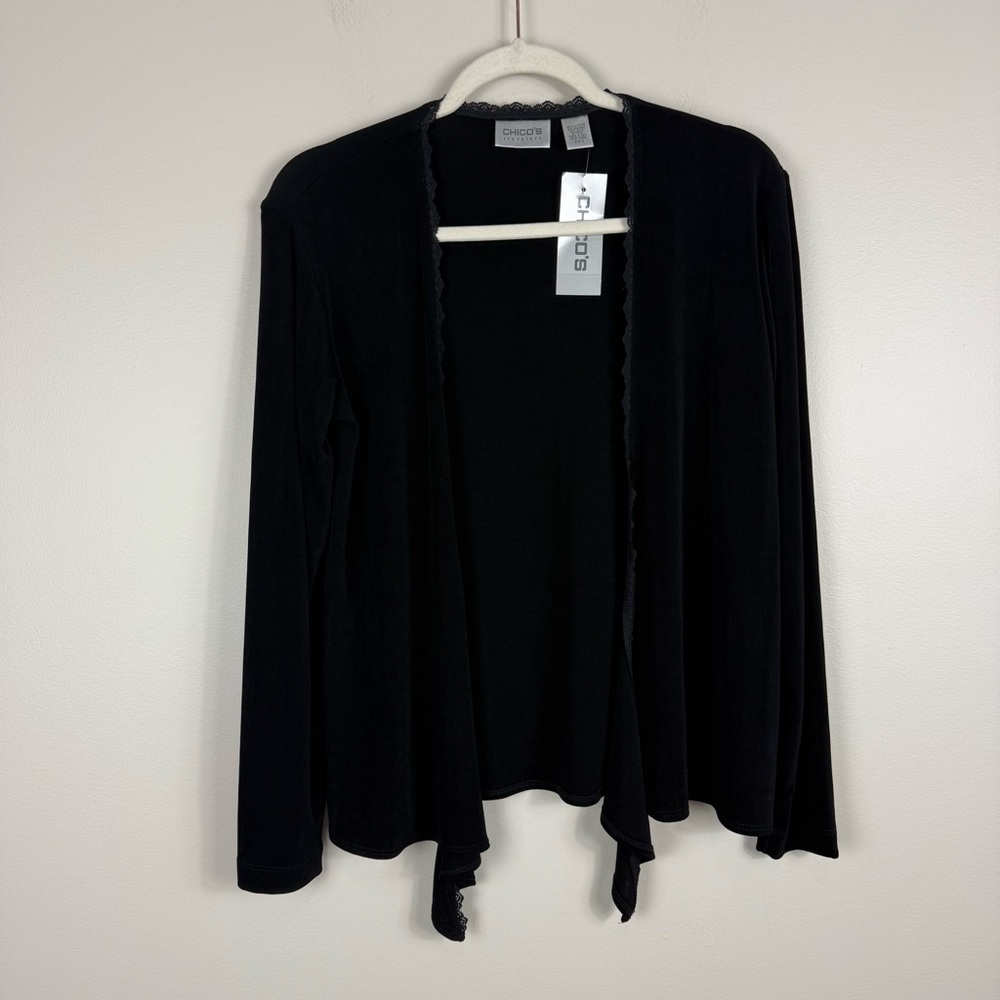 Chico's Cardigan Womens Small Tie Front Lace Trim Long Sleeve Black Top Stretch - Picture 9 of 9